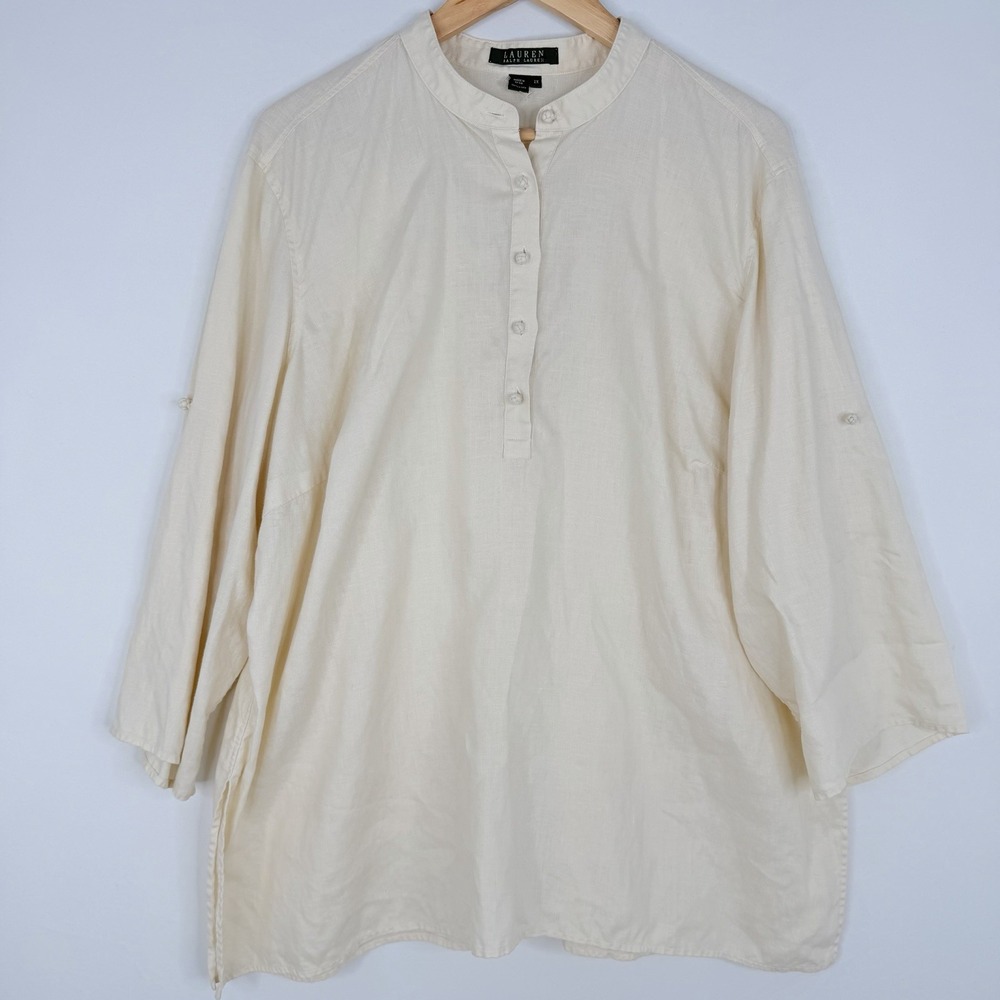 Vintage Lauren Ralph Lauren Cream Linen Tunic Blouse Henley Top Women's Size 2X
